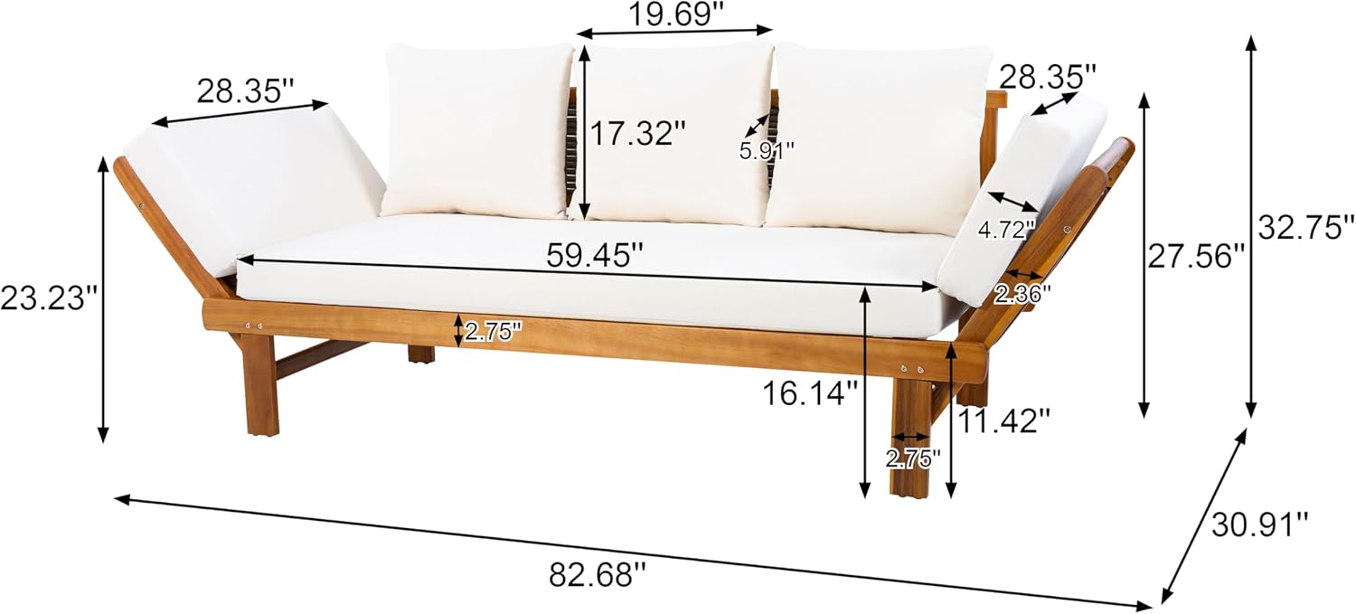 Christopher Knight Home Guru Patio Convertible Couch with Adjustable Armrest, Acacia Wood Outdoor Daybed, PE Wicker Patio 3 Seater Sofa, Back Pillow+Removable Cushion, Teak+Cream