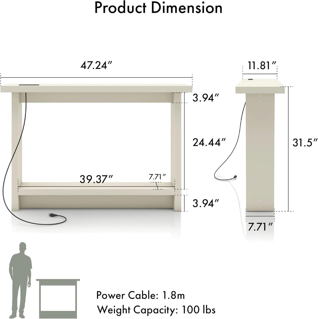 24/7 Shop at Home Elvis 32 inch Modern Wooden Console Table with Charging Station, USB Ports and Shelf, Behind Couch Furniture for Living Room, Entryway, Foyer, Hallway, Office, Soft White