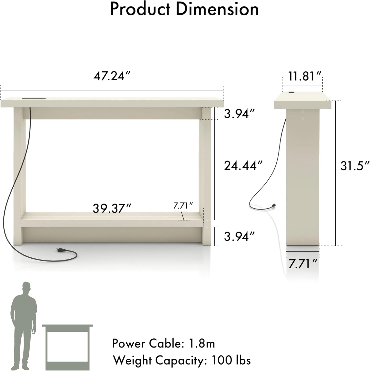 24/7 Shop at Home Elvis 32 inch Modern Wooden Console Table with Charging Station, USB Ports and Shelf, Behind Couch Furniture for Living Room, Entryway, Foyer, Hallway, Office, Soft White