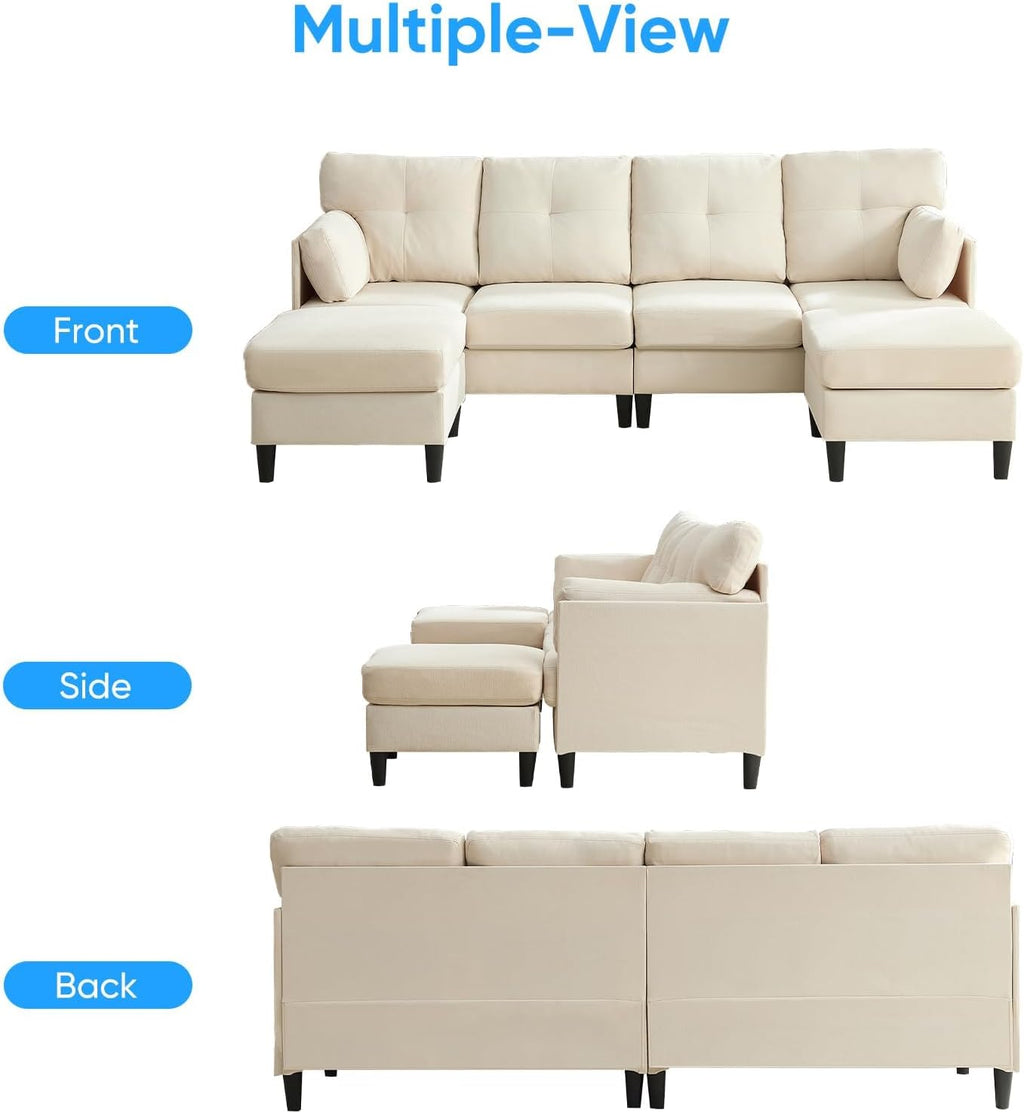 PUREMIND Sectional Home Sofa Living Room, Modern U-Shaped Sofa Couches with Double Chaise, Upholstered 4 Seater Sofa for Living Room, Apartment, Beige
