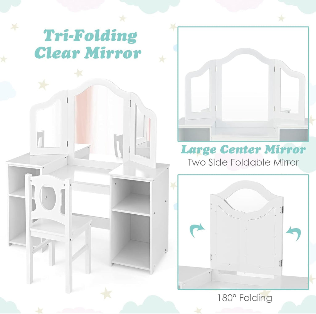AKUSTIK Kids Vanity, 2 in 1 White Wooden Dressing Table and Chair Set for Toddlers with Tri-Folding Detachable Mirror, Storage Shelves, Pretend Princess Beauty Make Up Play Set for Little Girls