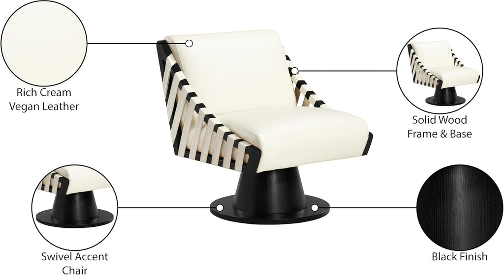 Meridian Furniture 33002Cream Millwin Collection Art Deco Swivel Accent Chair with Rich Cream Vegan Leather, Black Finish, Solid Wood Frame and Base, 28' W x 30' D x 32.5' H, Cream