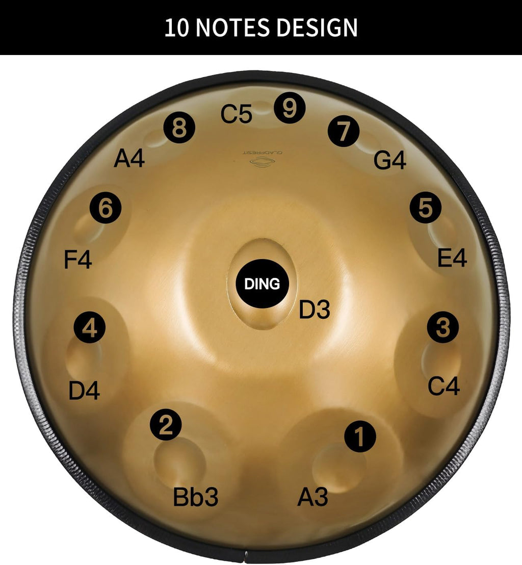 GLADFRESIT Handpan 22-inch, 10 notes, comes with a handpan backpack, stand, two mallets, and cleaning cloth. (Golden, 440hz)