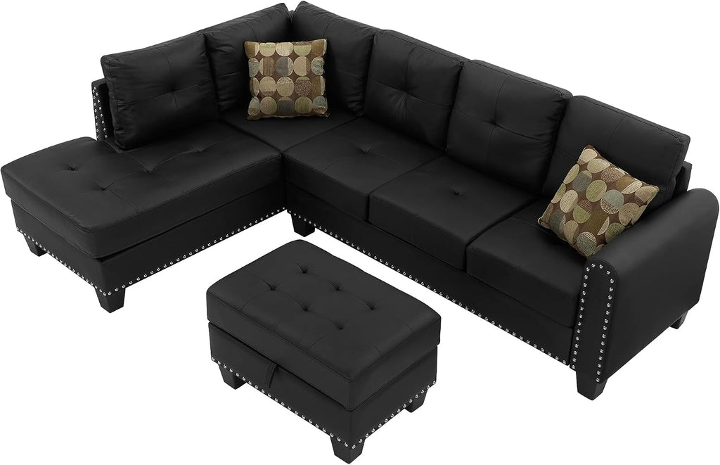3-Piece Sectional Couch Set L Shape 98' Wide Sofa for Living Room with 2 Cup Holders and Storage Ottoman for Home Furniture Room Decor, Black