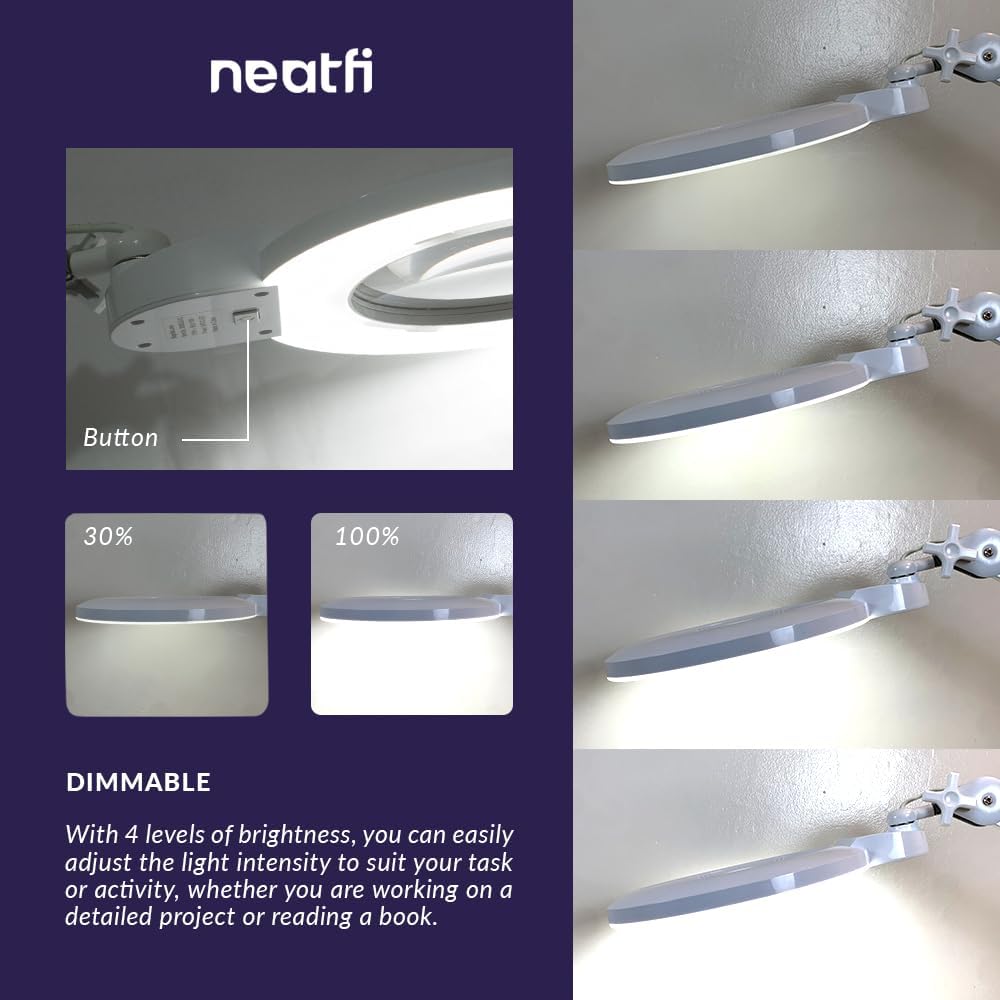 Neatfi XL Bifocal LED Magnifying Lamp, 7' Acrylic Lens, 2.25X/6X, 1,600 Lumens Dimmable | 3 Light Modes, Adjustable Arm & Clamp | Reading, Crafting & Jewelry (White, 7-inch Lens, CCT with Clamp)