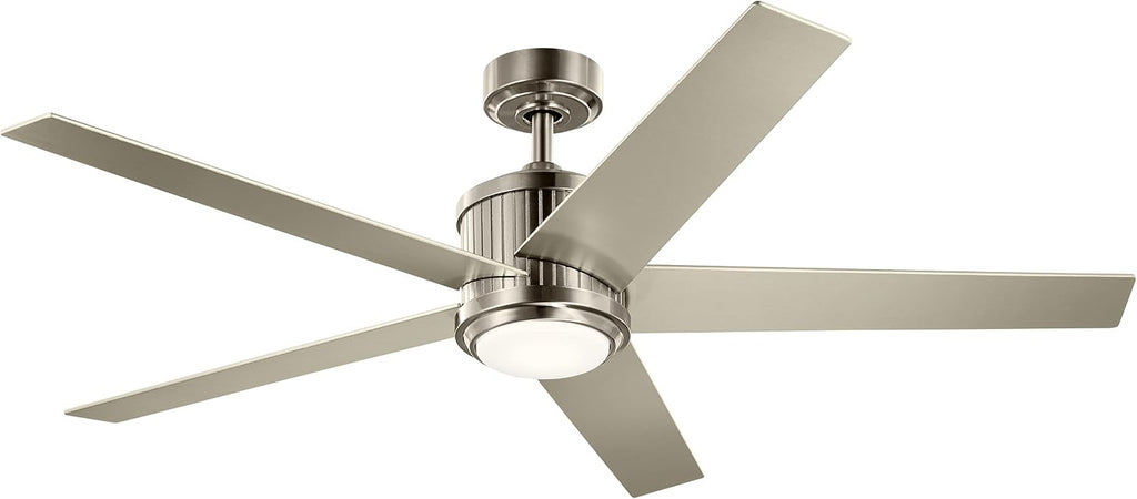 Kichler Brahm 56 in LED Ceiling Fan with Light, 5 Blade Modern Indoor Fan with Etched Cased Opal Glass in Brushed Stainless Steel, Reversible Silver and Walnut Blades, 300044BSS