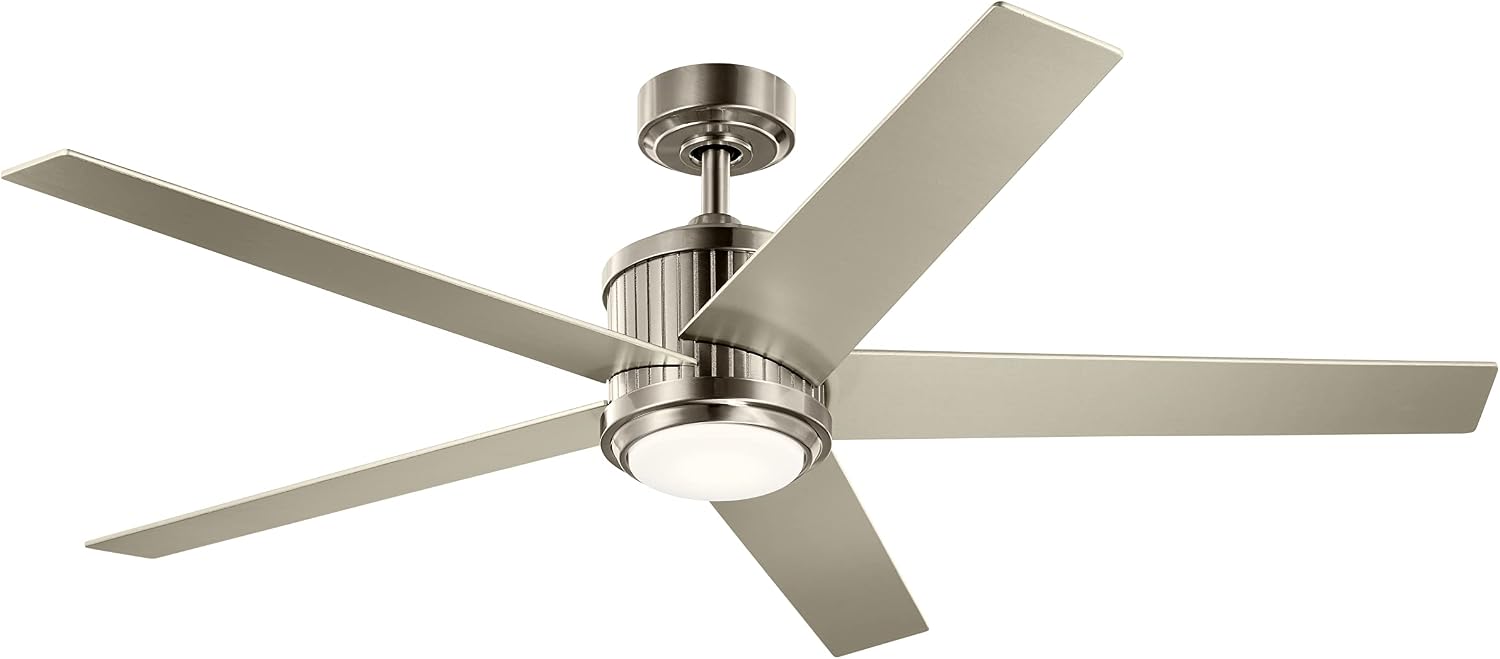 Kichler Brahm 56 in LED Ceiling Fan with Light, 5 Blade Modern Indoor Fan with Etched Cased Opal Glass in Brushed Stainless Steel, Reversible Silver and Walnut Blades, 300044BSS
