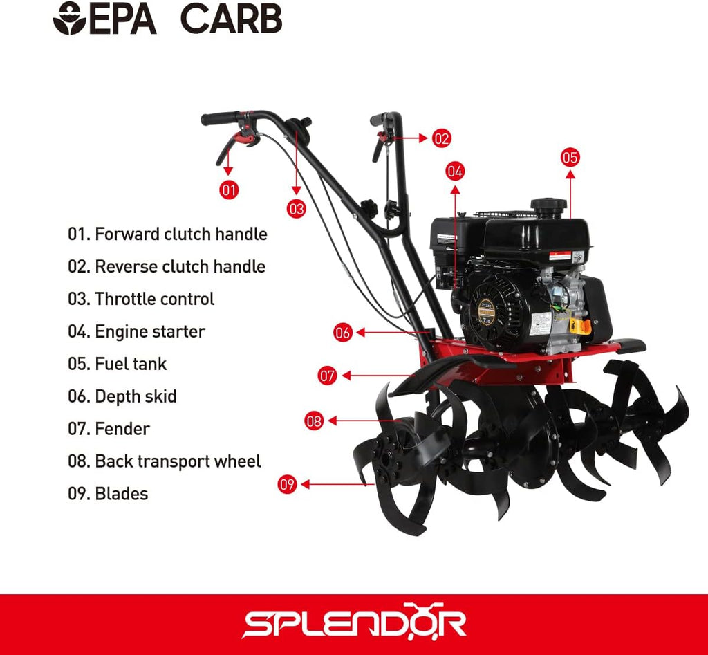 SPLENDOR Gas Powered Tiller 4 Cycle 212CC Working Width 13in-22in-33.5in Total Two Packages