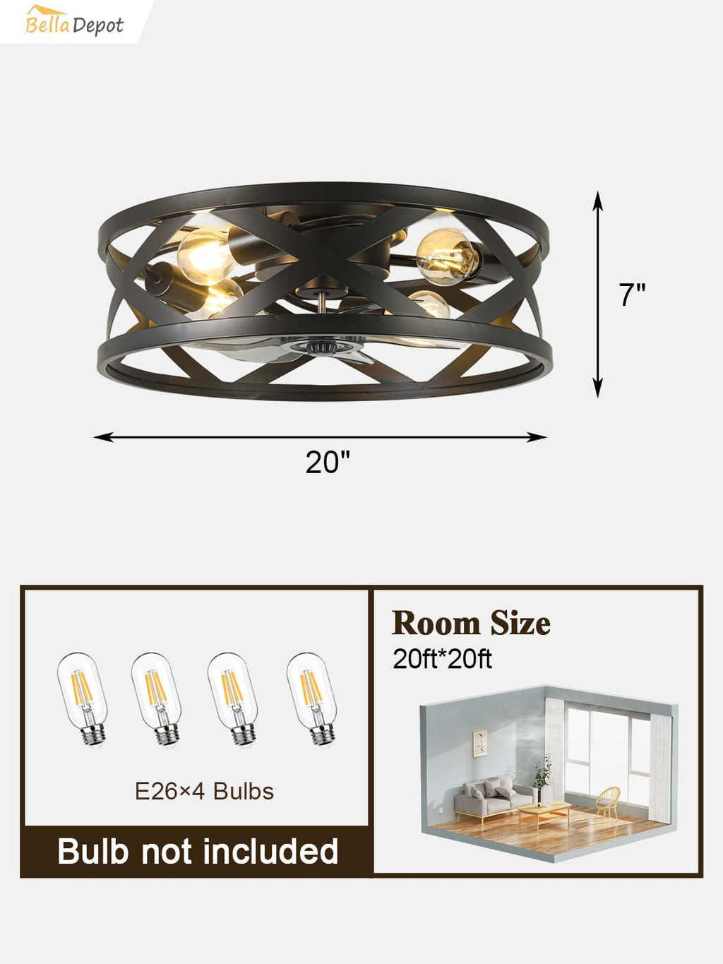 Bella Depot 20' Modern Flush Mount Ceiling Fan with Light, Chandelier Fan, 6 Speeds Reversible Bladeless for Bedroom Living Room Kitchen