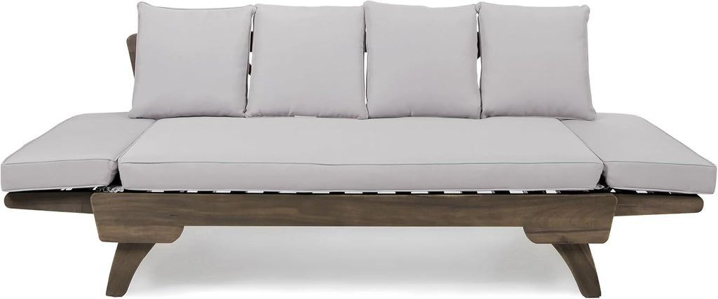 Christopher Knight Home Gary Patio Convertible Couch, Wooden Outdoor Daybed, 3-Seater Acacia Wood Patio Furniture Lounge Sofa for Backyard/Poolside/Garden, Back Pillow+Removable Cushion, Grey