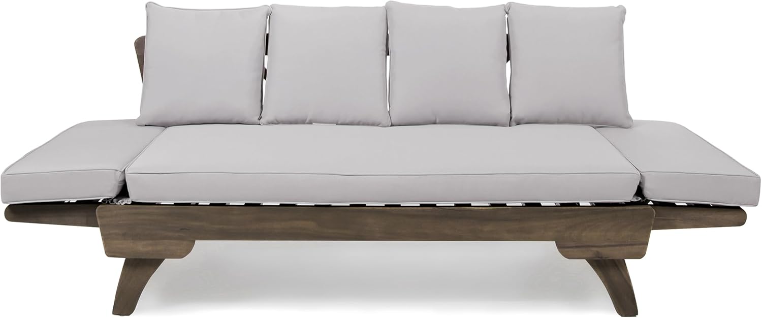 Christopher Knight Home Gary Patio Convertible Couch, Wooden Outdoor Daybed, 3-Seater Acacia Wood Patio Furniture Lounge Sofa for Backyard/Poolside/Garden, Back Pillow+Removable Cushion, Grey