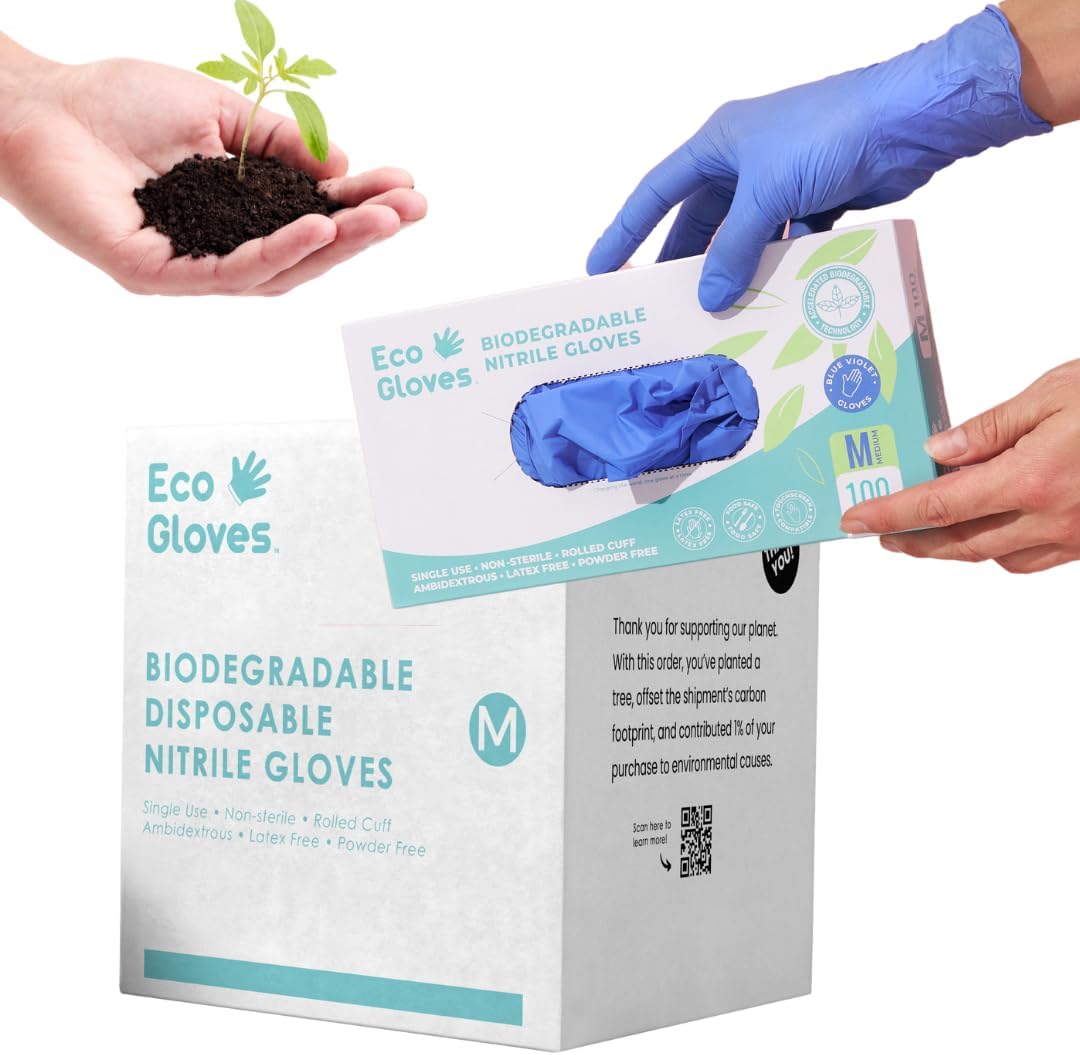 Eco Gloves Biodegradable BLUE VIOLET Nitrile Disposable Gloves, 4 Mil, Powder Free, Latex Free, Food Safe,Tattoo, Cleaning