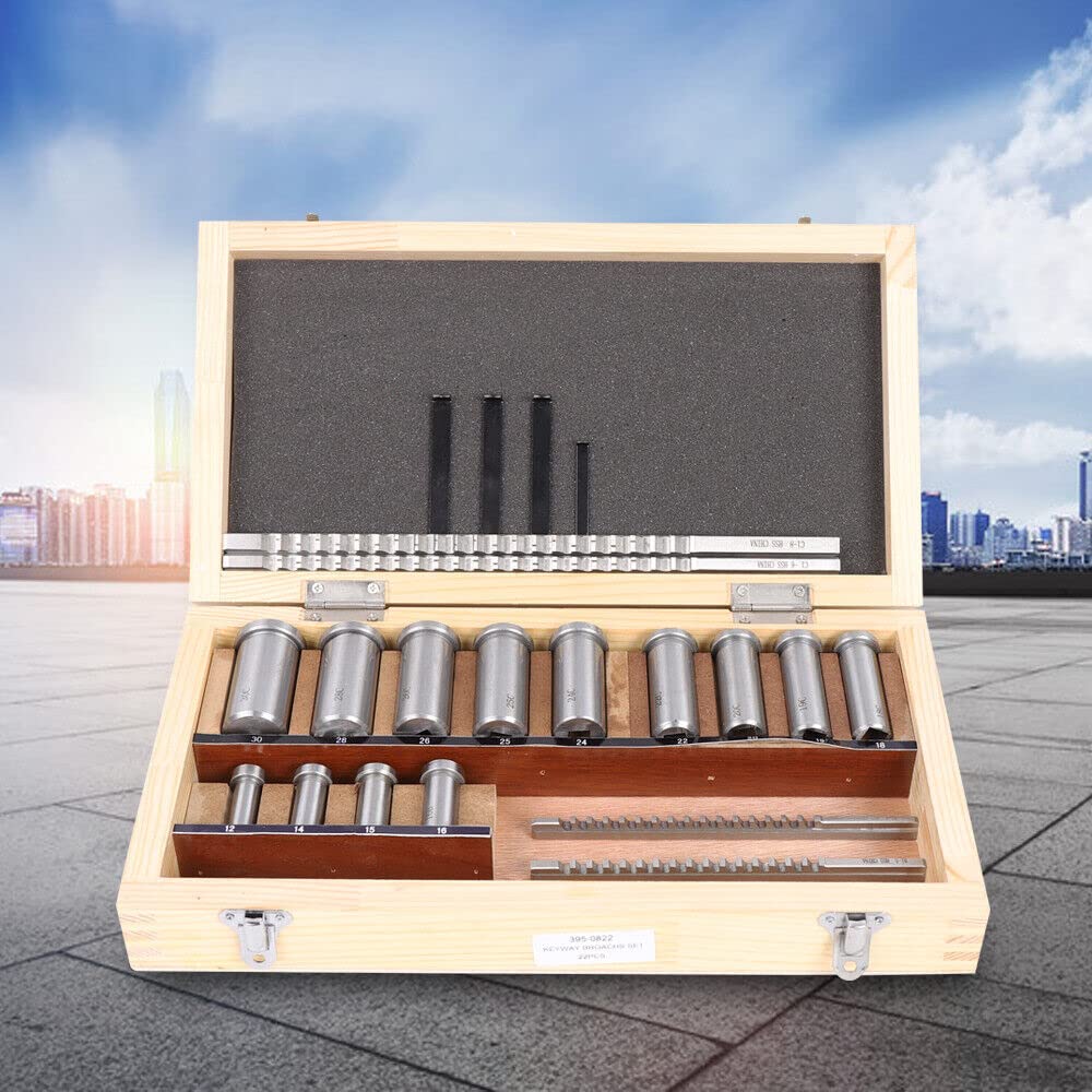 Keyway Broach Set 22PCS HSS Keyway Cutting Tool for Lathe Industrial Tools,Includes 4 Broaches & 13 Bushings,with Wood Box