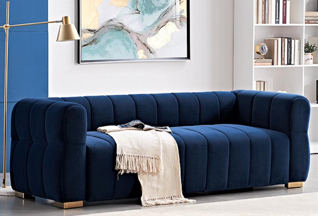 Container Furniture Direct Art Deco Velvet Sofa with Tufted Low Back Design, Sophisticated 3 Seater Couch for Living Rooms, 89 Inch Wide, Easy Assembly, Blue
