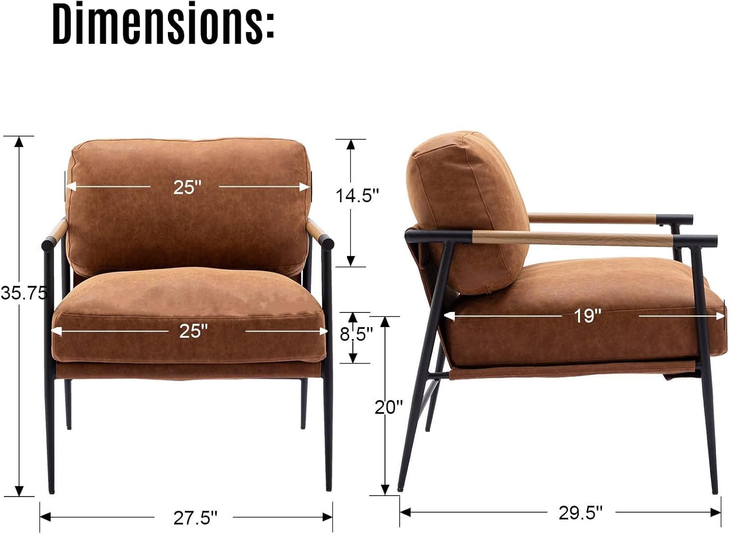 LukeAlon Mid-Century Leather Accent Chair Brown Modern Living Room Chair with Metal Legs Armchair Upholstered Comfy Leisure Chair for Bedroom Reception Area Reading Room