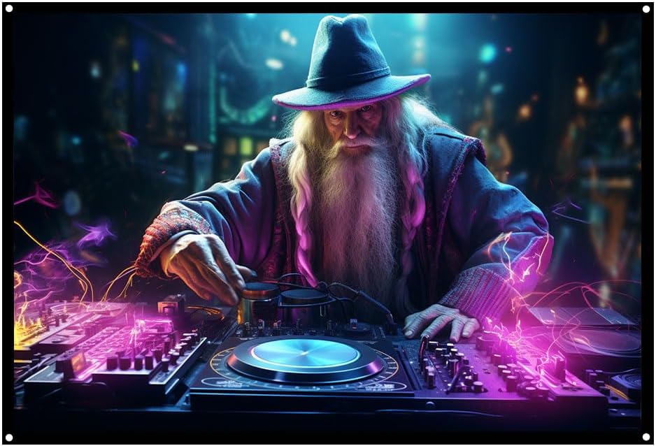 Gandalf Cyberpunk DJ, UV tapestry, Blacklight Reactive Wall Hanging, Neon Backdrop, Party Decor, Psychedelic Tapestry, Visionary Wall Art (Large)