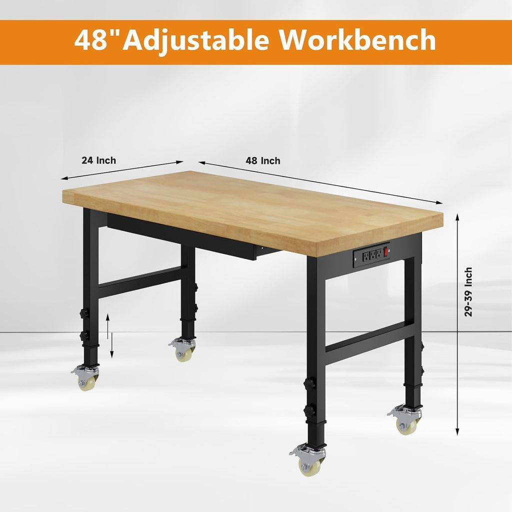 48' Heavy Duty Work Bench with Drawers, Adjustable Height Workbench with Wheels, 2000 LBS Capacity Work Table with Power Outlets for Garage, Workshop, Office, Home