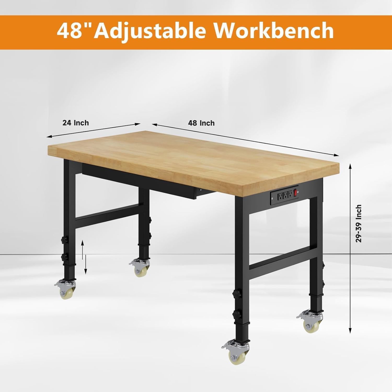 48' Heavy Duty Work Bench with Drawers, Adjustable Height Workbench with Wheels, 2000 LBS Capacity Work Table with Power Outlets for Garage, Workshop, Office, Home