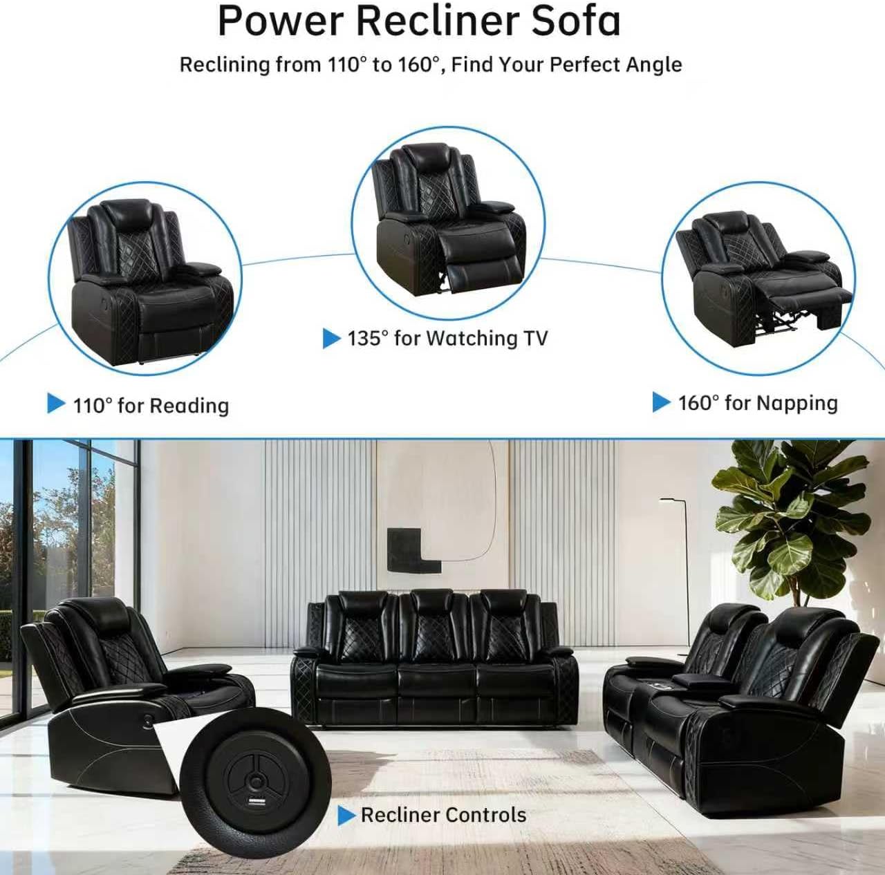Living Room Furniture Sets, Power Recliner Sectional Sofa with LED Lights, Leather Couch Set, Reclining Chair for Living Room, Home Theater,and Office (1-Seater Chair, Black)