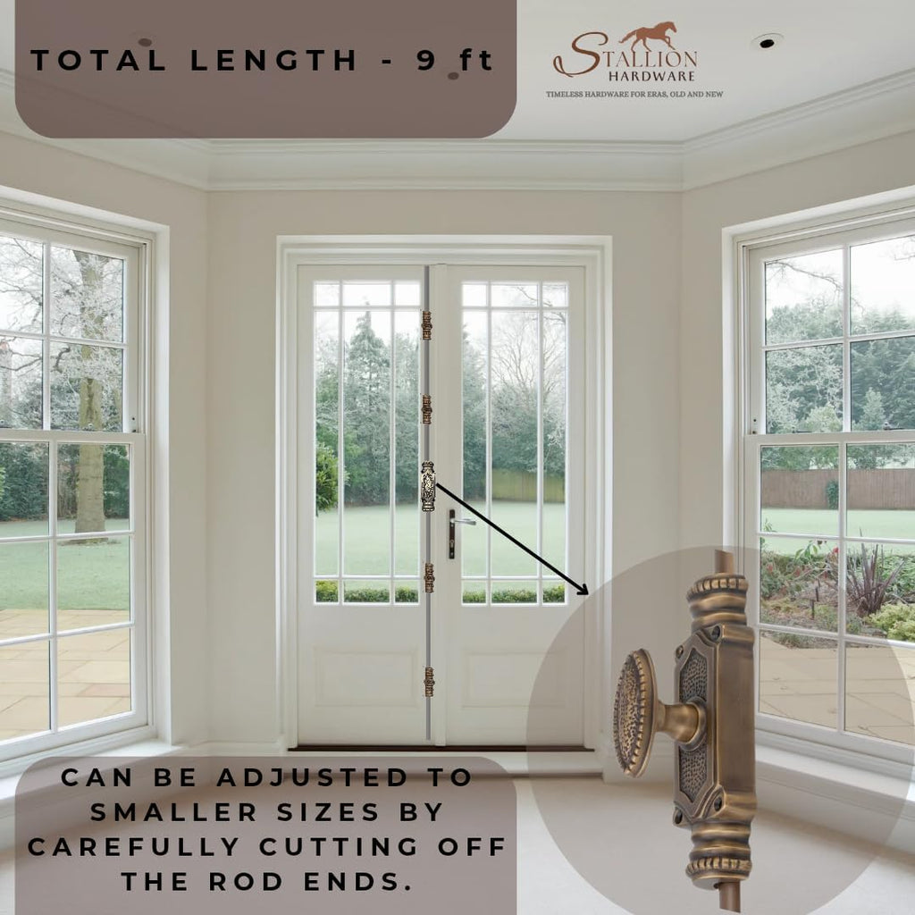 Antique Brass Door Cremone Bolt - 9 ft Durable Solid Brass Build, Rust Resistant, Easy Installation, Vintage Style for Tall Doors, Perfect for Any Decor