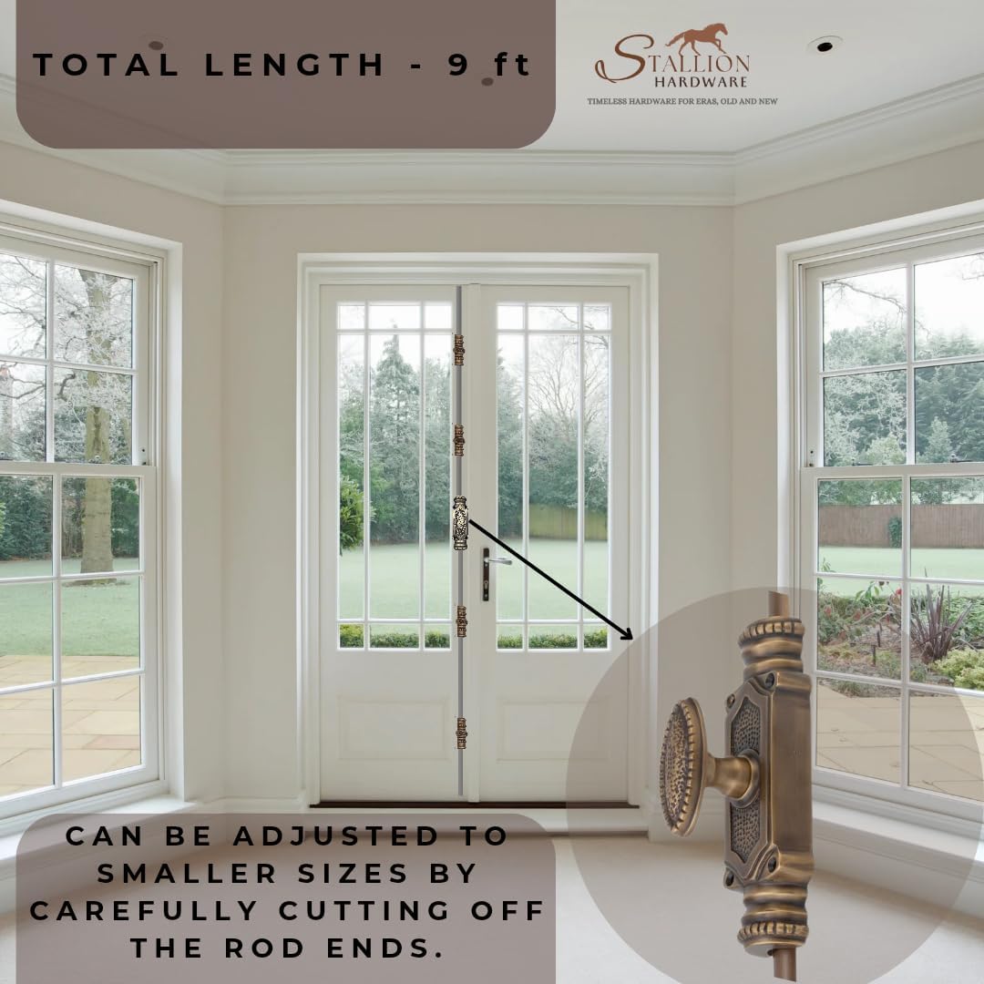 Antique Brass Door Cremone Bolt - 9 ft Durable Solid Brass Build, Rust Resistant, Easy Installation, Vintage Style for Tall Doors, Perfect for Any Decor