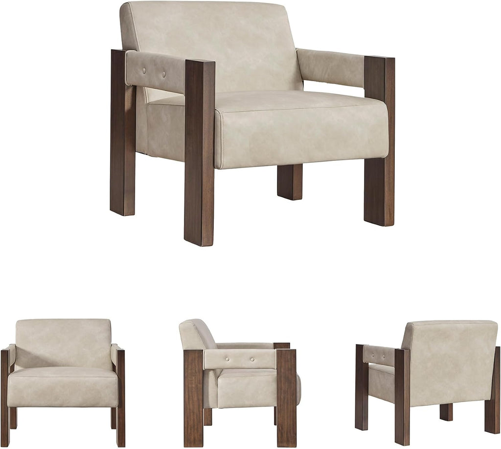 Signature Design by Ashley Adlanlock Contemporary Faux Leather Upholstered Solid Wood Accent Chair, Beige & Dark Brown