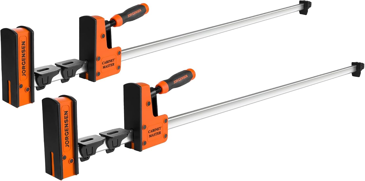 JORGENSEN 36-Inch Parallel Bar Clamp 2-Pack & 3-in-1 Support Block 4-Pack, Heavy-Duty Cabinet Master Clamp for Woodworking Glue-Up, 2200 lbs Force, Quick Release, Spreader Function + Riser Blo