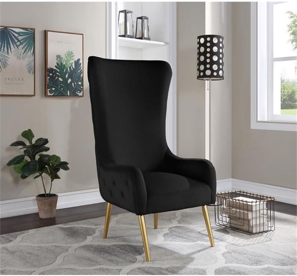 Meridian Furniture 536Black Alexander Collection Modern | Contemporary Velvet Upholstered Accent Chair with Sturdy Gold Metal Legs and Deep Button Tufting on Back, 27' W x 33' D x 51' H