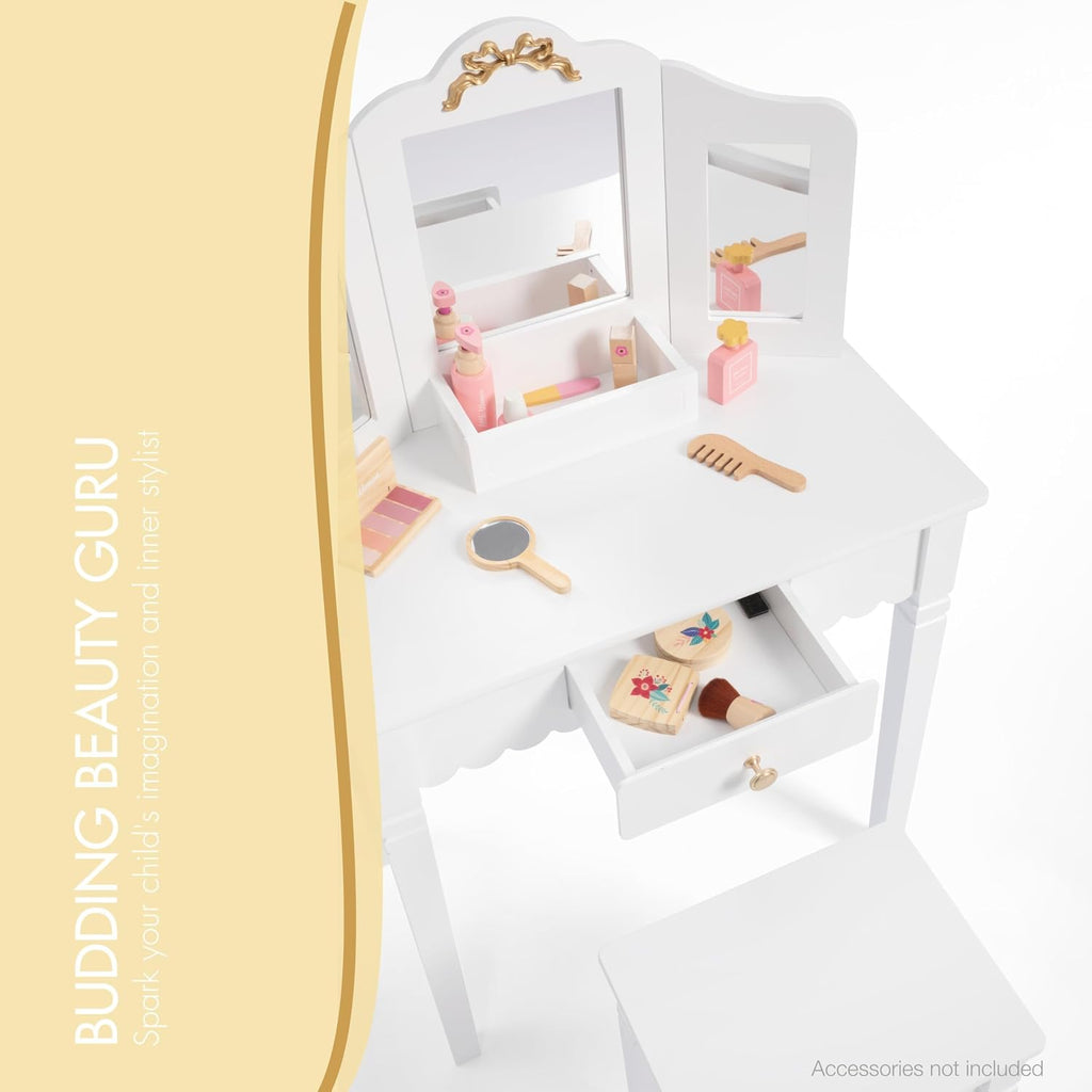 Spirich Kids Vanity Set with Mirror and Stool, Kids Make Up Vanity Desk for Little Girls, Children Makeup Dressing Table with Drawer
