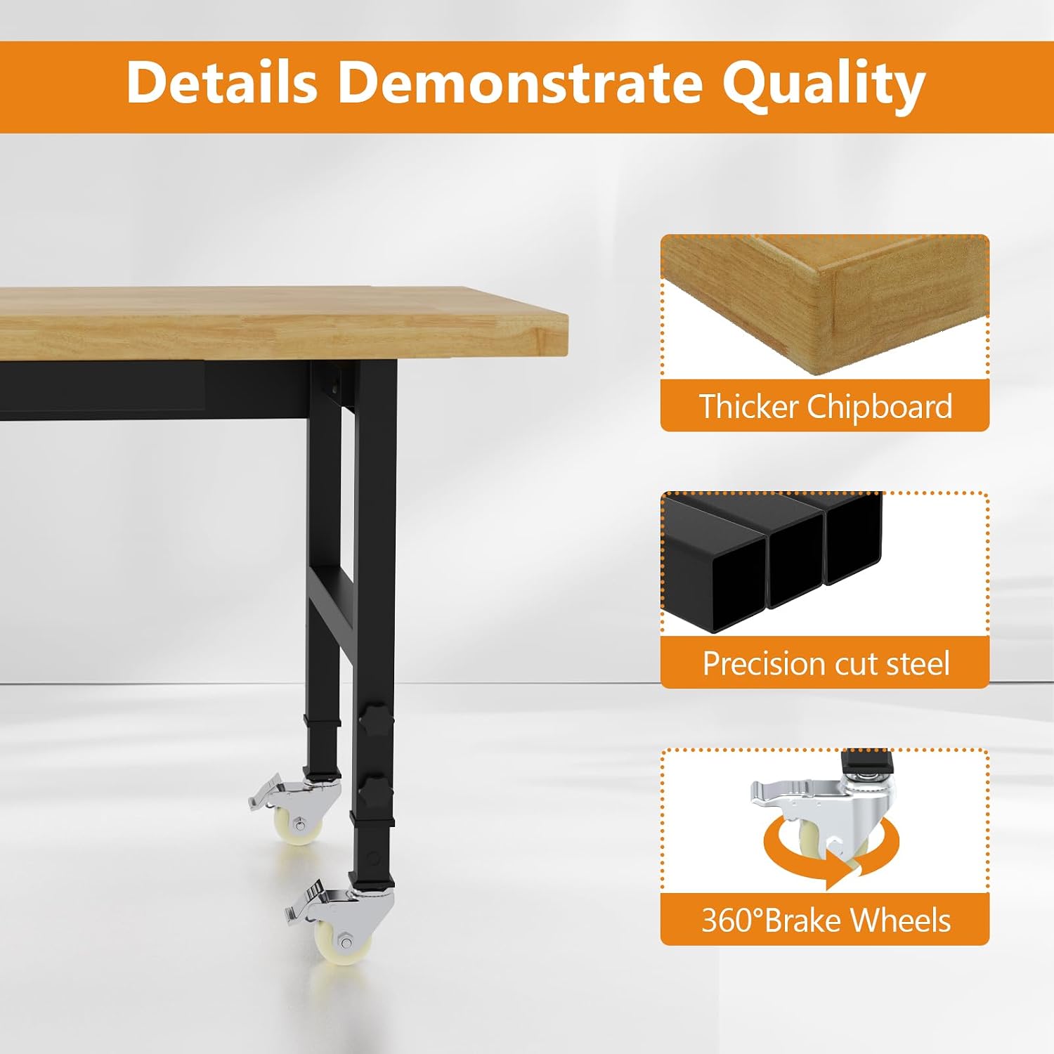 60' Heavy Duty Work Bench with Wheels, Adjustable Height Workbench with Drawers, 2000 LBS Capacity Work Table with Power Outlets for Garage, Workshop, Office, Home