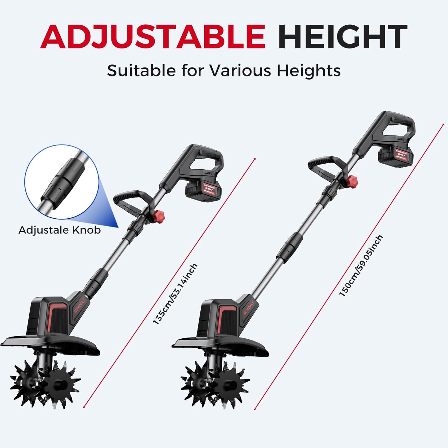 SOARFLY Upgraded Cordless Electric Tiller for Gardening, Total 8.0Ah Battery Powered Mini Cultivator with 2×4.0AH Batteries, 9' Width, 6.6' Depth, 48 Steel Tines Rototiller for Soil Cultivation