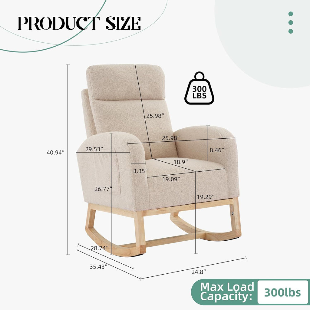 Garvee Teddy Fleece Nursery Rocking Chair,Upholstered Glider with 26' High Backrest, Padded Seat,Modern 300 Lbs Weight Capacity Accent Recliner for Living Room, Bedroom, Reading