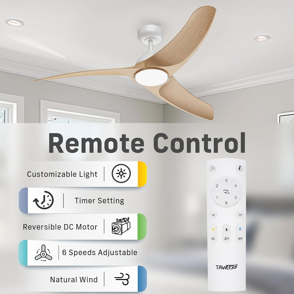 Ceiling Fans with Lights, Flush Mount Ceiling Fan with Light and Remote, LED Dimmable, 6 Speeds, Quiet Reversible Motor, Modern Ceiling Fan with Light for Indoor/Outdoor (Wood, 42 inch + 56 inch)