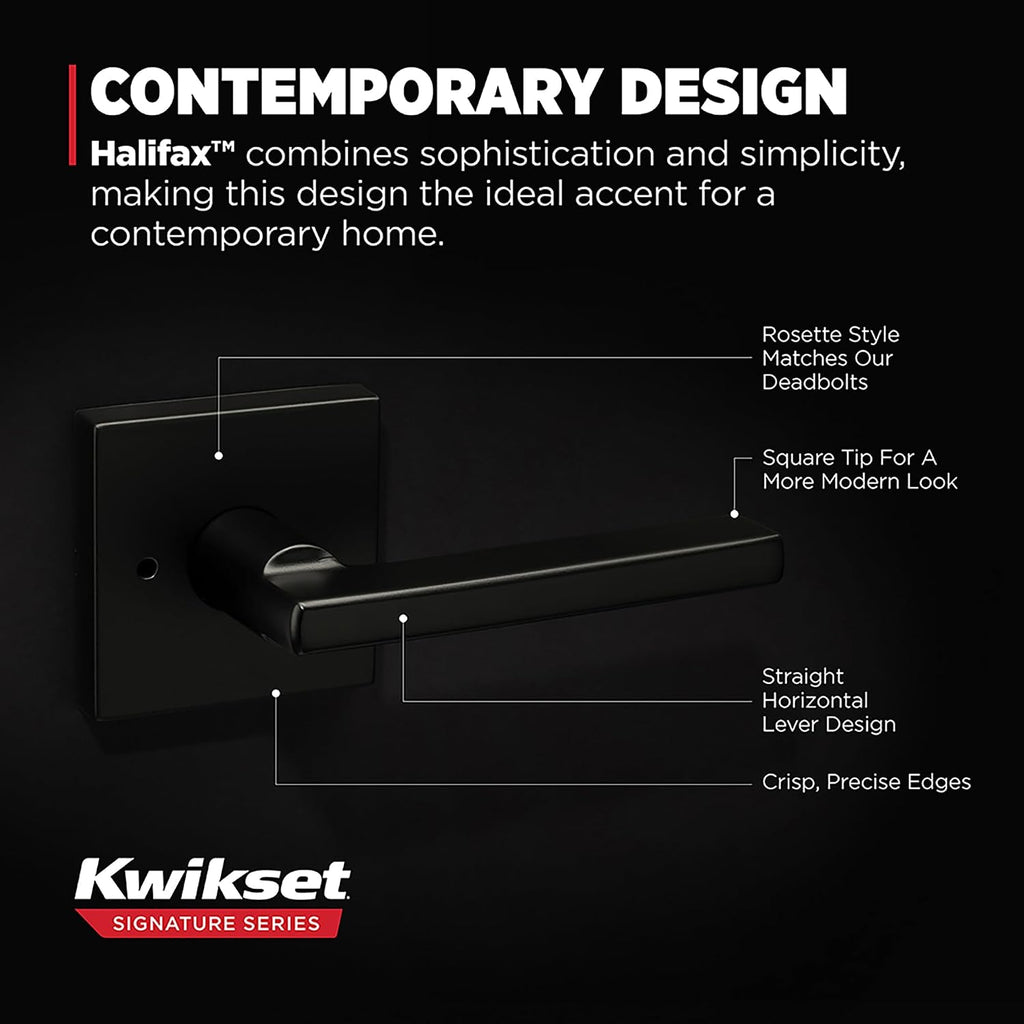 Kwikset Halifax Interior Privacy Door Handle with Lock,Door Lever for Bathroom and Bedroom,Matte Black Reversible Keyless Push Button Lock_Door Lever,with Microban Protection,Square Rose (Pack of 12)