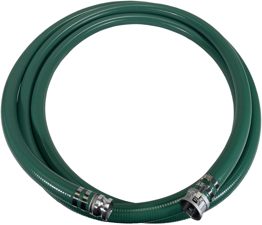 Gloxco Heavy Duty Green PVC Suction Hose Assembly for Water Transfer, 2' Inside Diameter, Installed Male x Female Cam and Groove Fittings, 30 ft Length