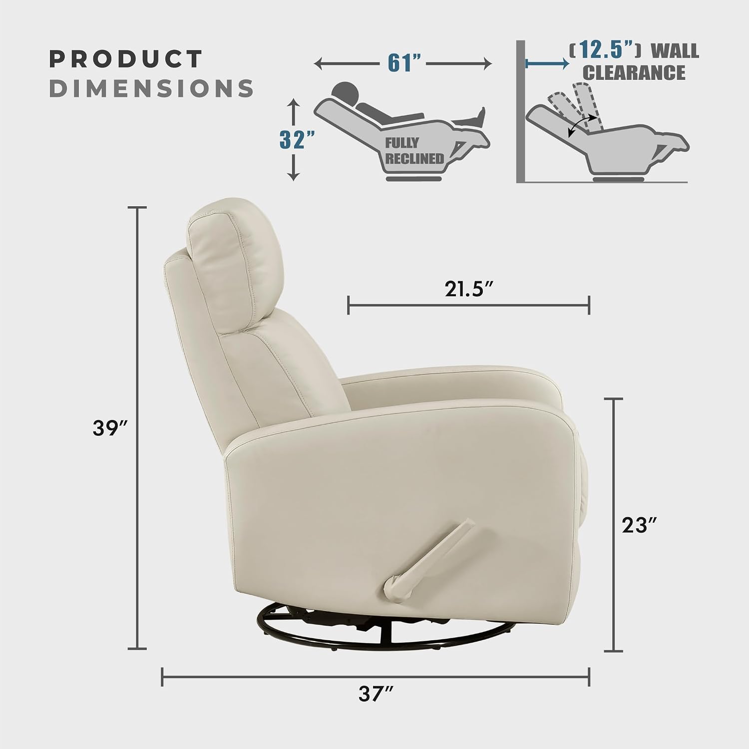 Lexicon Swivel Glider Reclining Chair, Top Grain Leather Match Manual Pull Handle Recliner, Comfy Nursery Glider Recliner, Swivel Reclining Chair for Living Room/Office/Bedroom/Apartment, Beige