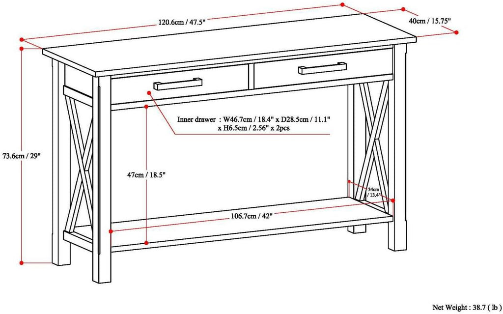 SIMPLIHOME Kitchener Console Table - 47 Inch Wide Solid Wood Sofa Table in Black, Contemporary Storage Table for Entryway or Living Room with 2 Drawers, Bottom Shelf, and X-Design Side Panels