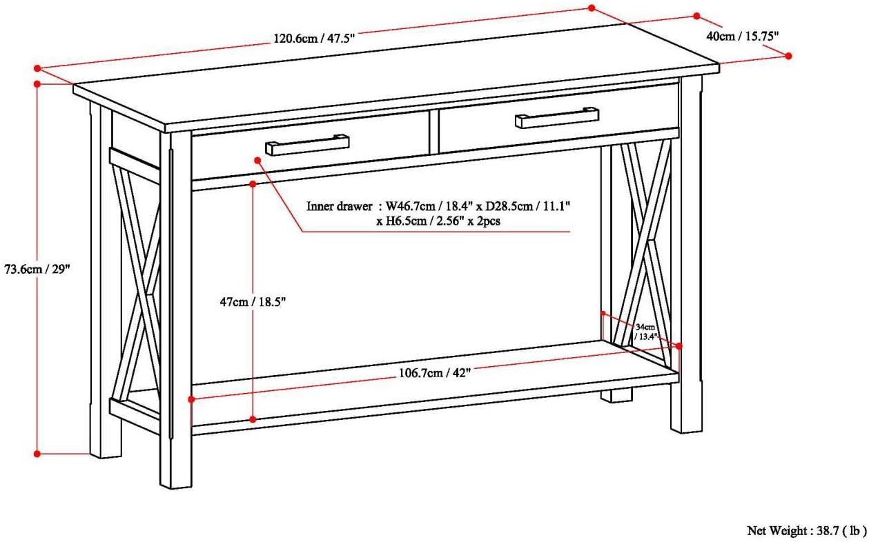 SIMPLIHOME Kitchener Console Table - 47 Inch Wide Solid Wood Sofa Table in Black, Contemporary Storage Table for Entryway or Living Room with 2 Drawers, Bottom Shelf, and X-Design Side Panels