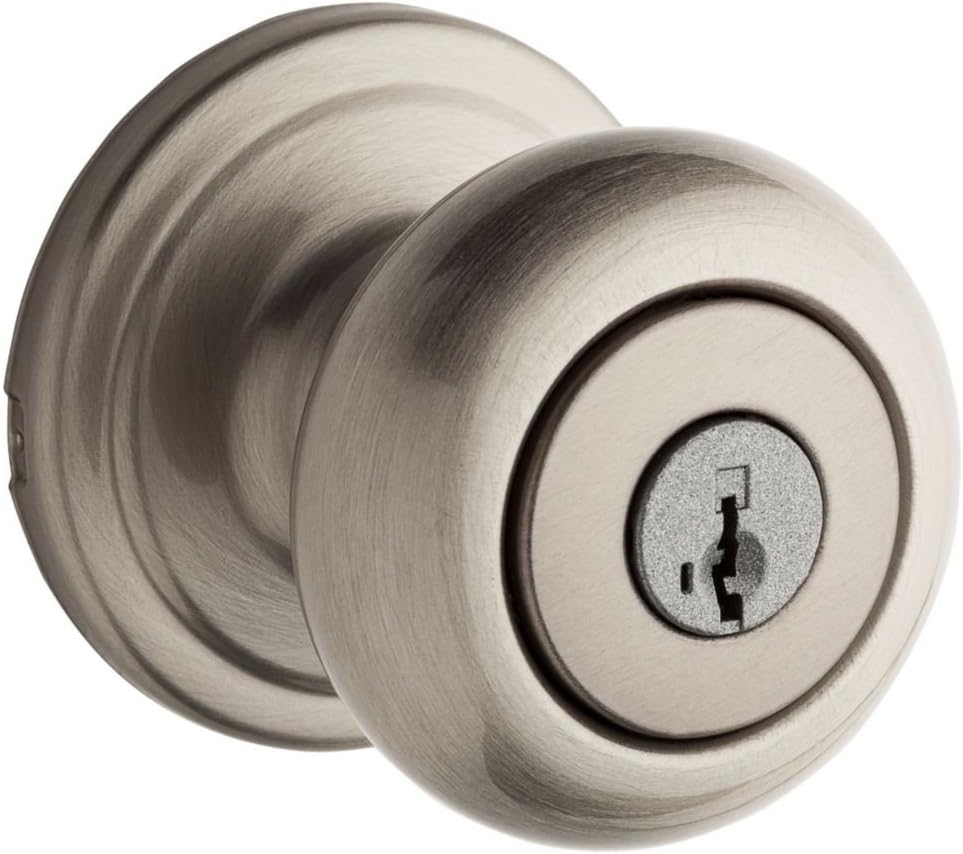 Kwikset Hancock Entry Door Knob with Lock and Key, Secure Keyed Handle Exterior, Front Entrance and Bedroom, Satin Nickel, Pick Resistant SmartKey Rekey Security and Microban (Pack of 12)