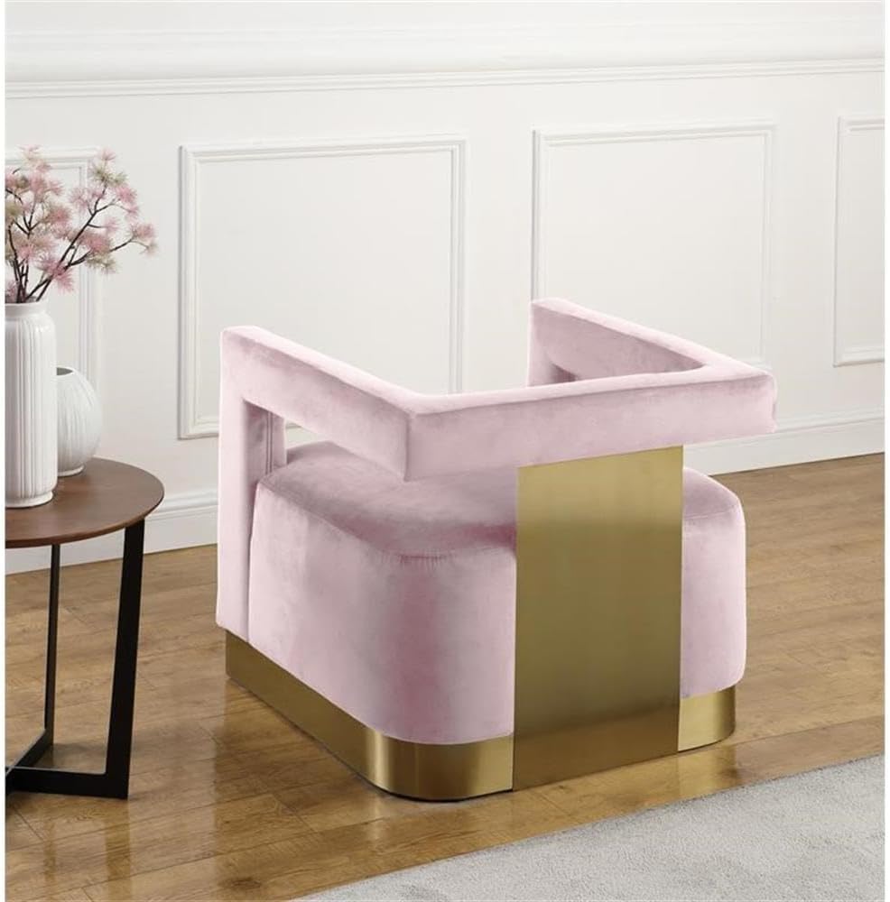 Meridian Furniture 597Pink Armani Collection Modern | Contemporary Velvet Upholstered Accent Chair with Sturdy Steel Base and Back in Gold Finish, 31.5' W x 28' D x 28' H, Pink
