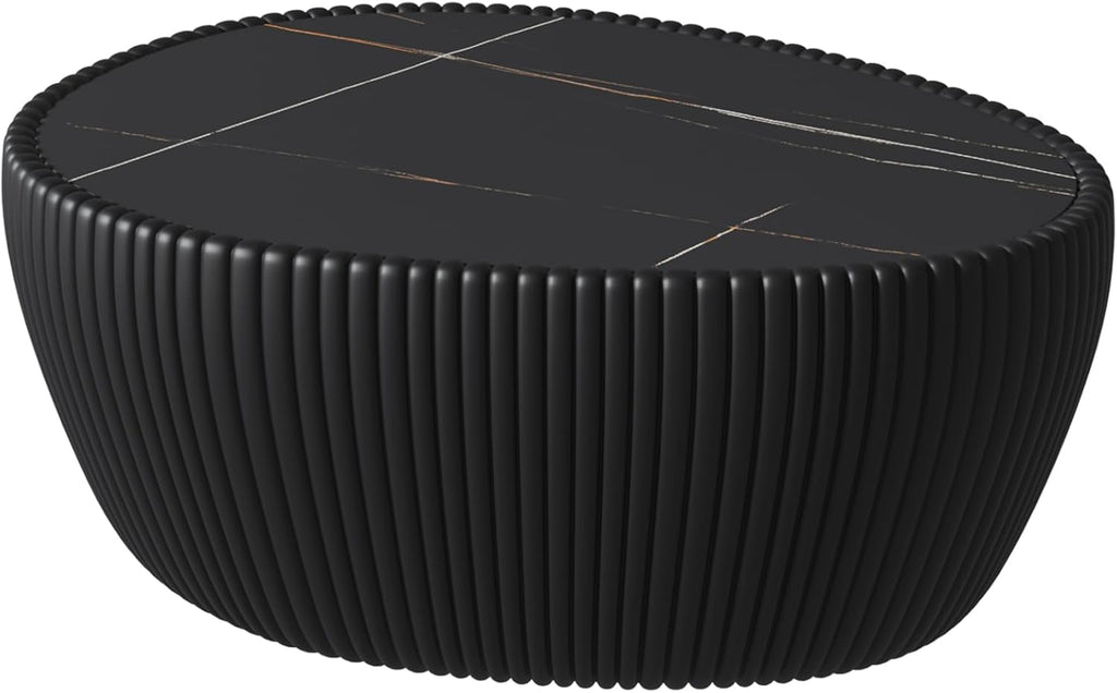 KEIKI 32.1' Goose Eggs Shape Coffee Table, Modern Sofa Side Table with Marble Top & Leather Wrap, Small End Table for Living Room, Bedroom, Office, Black