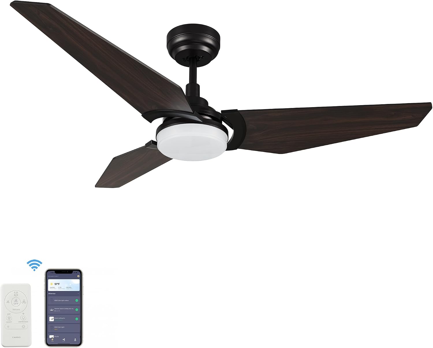 SMAAIR 52 Inch Smart Ceiling Fan with Light, 3 Blade Low Profile Ceiling Fan with Light and 10 Speed DC Motor, works with APP/Alexa/Google Assistant/Siri Shortcuts (Dark Walnut Wood)