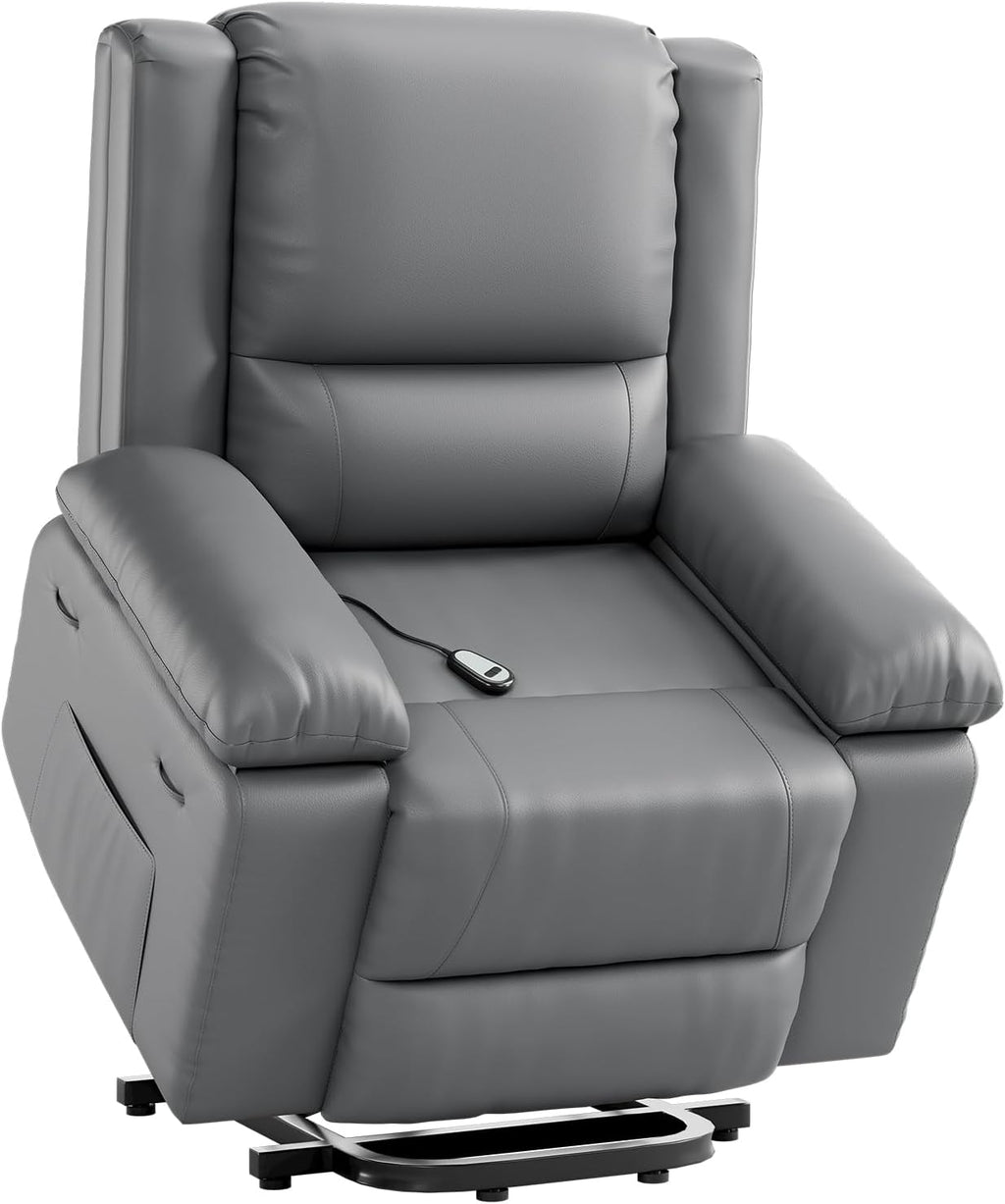 Power Lift Recliner Chair - Electric Recliner with Massage & Heat, PU Leather Living Room Chair, Remote Control & Side Pocket for Elderly Adults, Grey