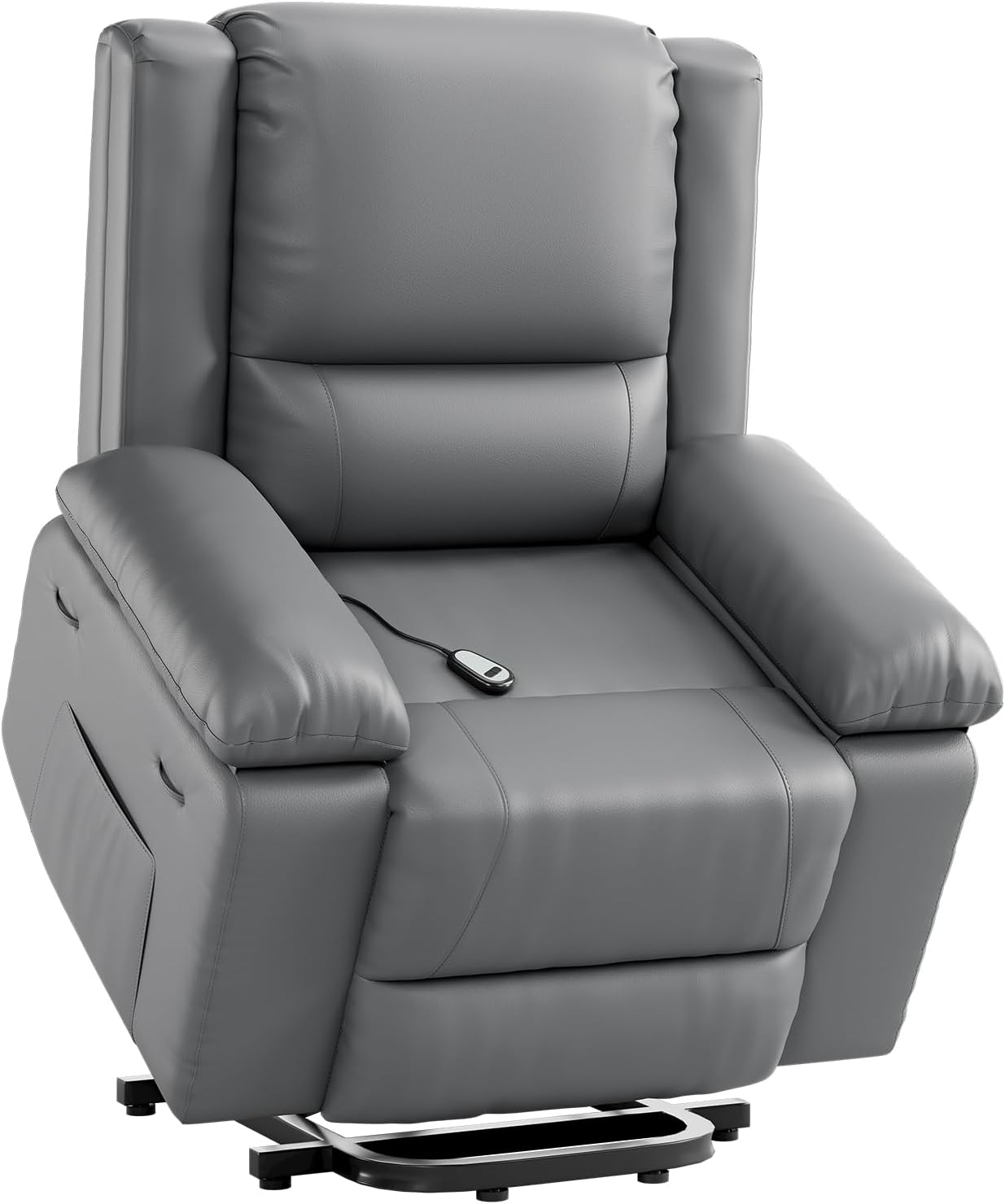 Power Lift Recliner Chair - Electric Recliner with Massage & Heat, PU Leather Living Room Chair, Remote Control & Side Pocket for Elderly Adults, Grey