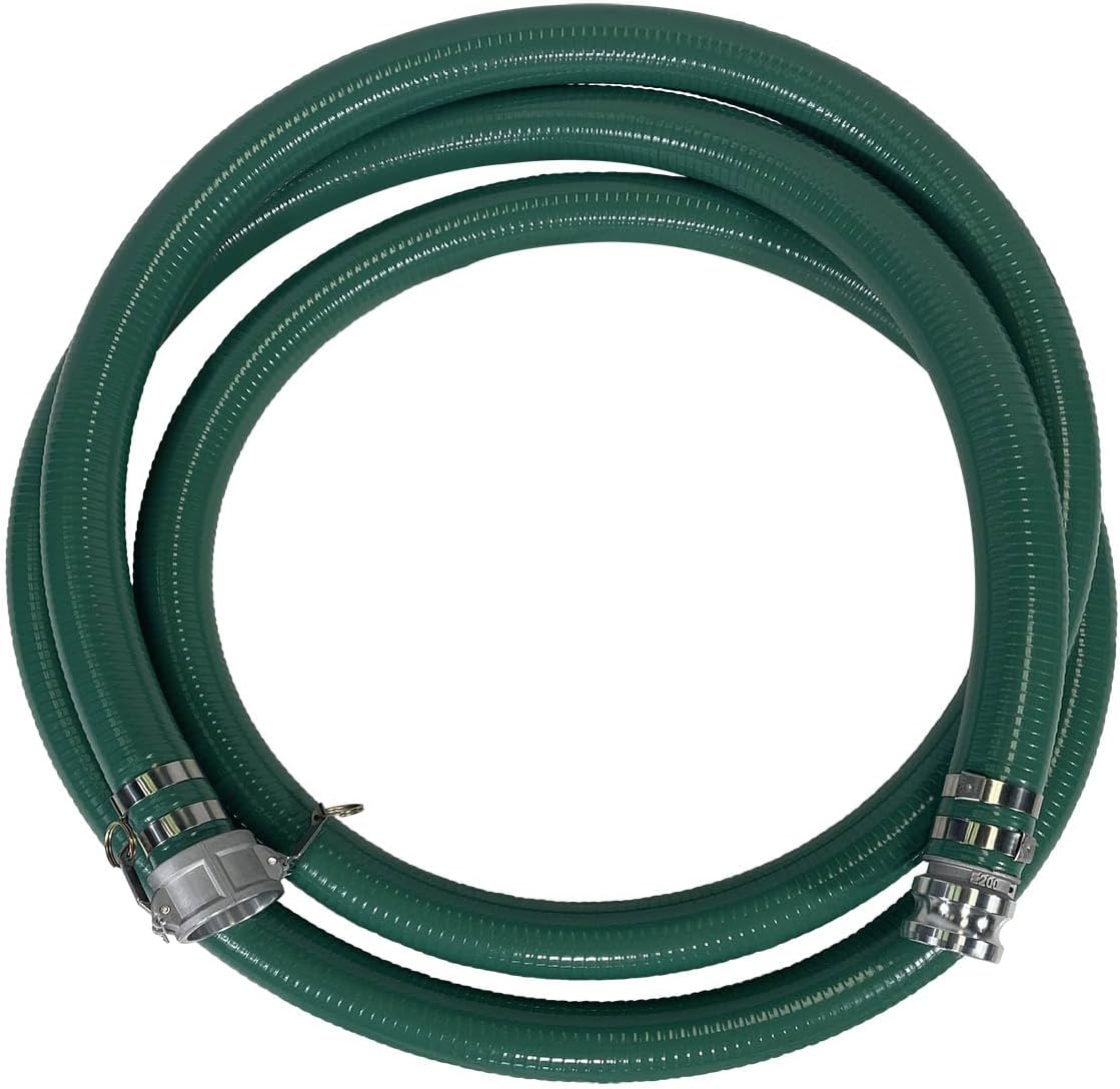 Gloxco Heavy Duty Green PVC Suction Hose Assembly for Water Transfer, 2' Inside Diameter, Installed Male x Female Cam and Groove Fittings, 20 ft Length