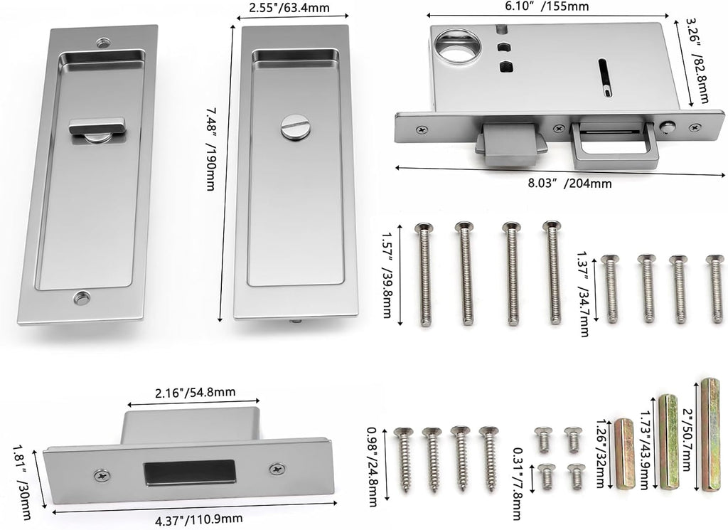 Rectangular Privacy Pocket Door Mortise Lock and Edge Pull, Narrow Modern Sliding Door Pop-Up Handle, (Bed/Bath) Pull Latch, Recessed Hardware for 1 3/8' to 2 3/16' Thickness Door (Brushed Nickel)