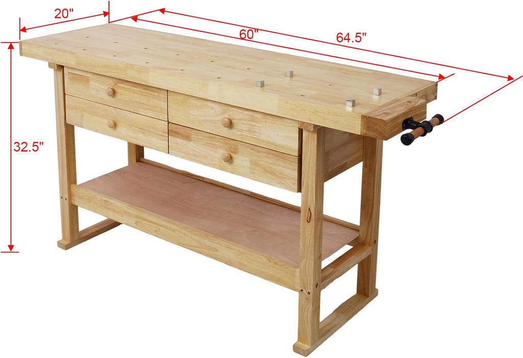 Montary 60-Inch Wood Workbench - Rubber Wooden Heavy Duty Work Bench with 4-Drawer & Shelf, 450lbs Weight Capacity Work Bench for Garage Workshop, Woodworking and Home