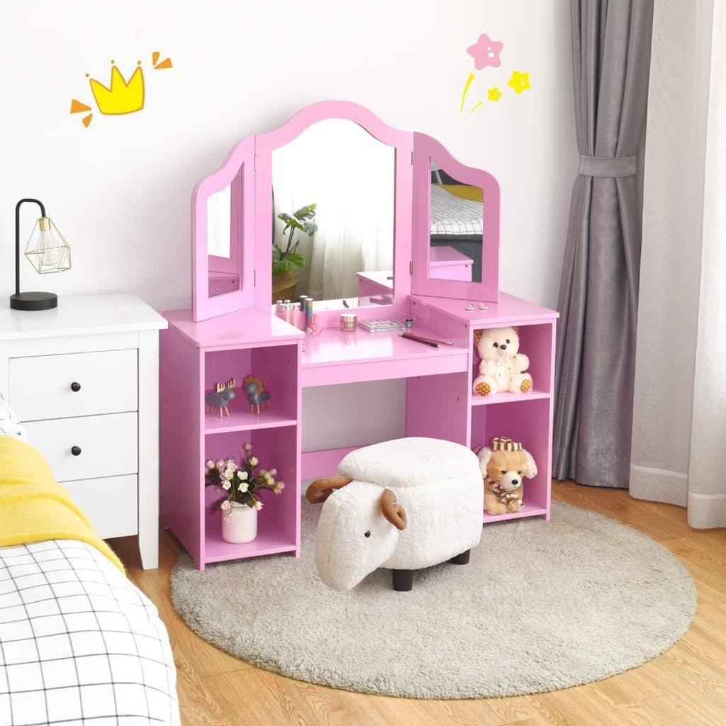 INFANS Kids Vanity, 2 in 1 Princess Makeup Desk Set with Tri-Folding Detachable Mirror, Large Storage Shelves, Wooden Dressing Table,Pretend Play Vanity Set for Girls