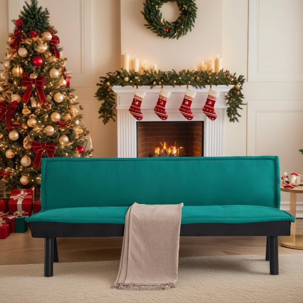 Futon Sofa Bed Couch, 64.6' Convertible Sleeper Sofa with 5 Positions Adjustable Backrest, Velvet Couch Bed with Solid Wood Frame for Home Office Living Room Guest Dorm, Green