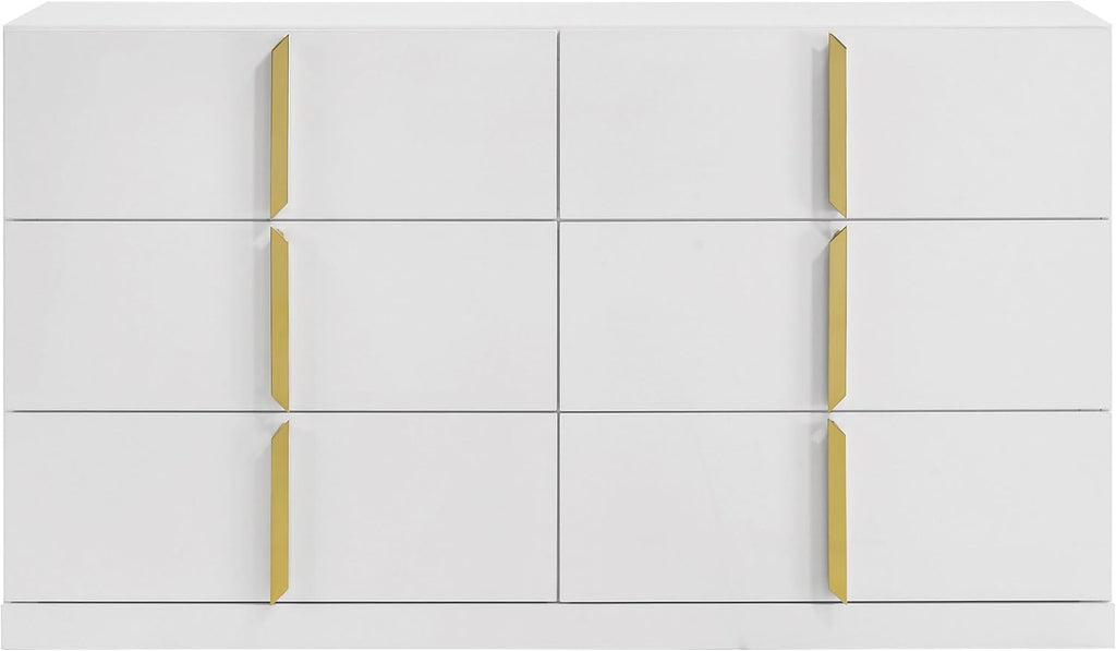 Coaster Home Furnishings - INES - Wood - 6-Drawer Dresser with Scratch-Resistant, Gold Pulls and Contemporary Style - Bedroom - White High Gloss - 223093